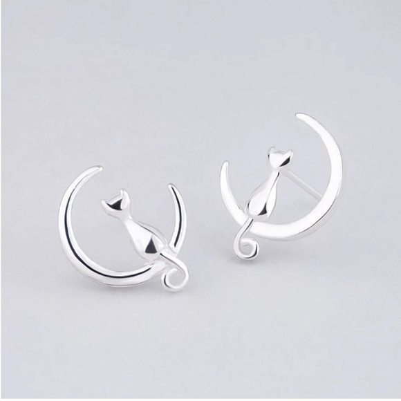 925 Silver Cat On The Moon Earrings - Picture 6 of 16